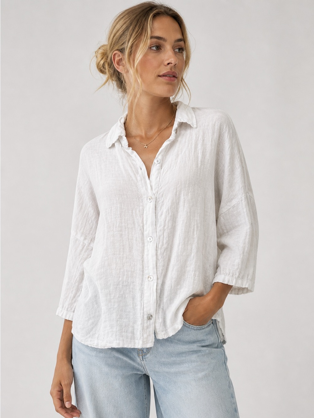 Meo Meli Linen Button Down Blouse Large White Coastal Lagenlook Beachy Vacation